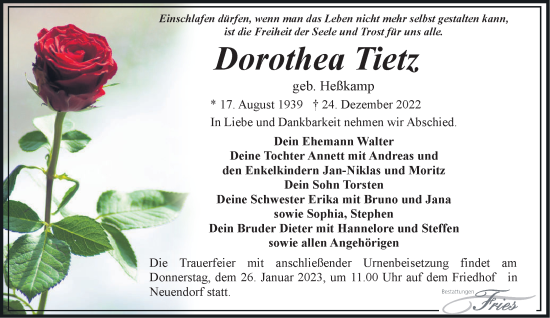 Traueranzeige von Dorothea Tietz von Märkische Oderzeitung