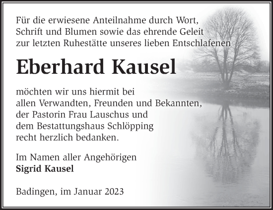 Traueranzeige von Eberhard Kausel von Märkische Oderzeitung