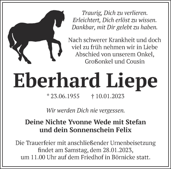 Traueranzeige von Eberhard Liepe von Märkische Oderzeitung