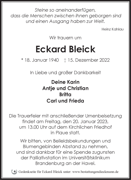 Traueranzeige von Eckard Bleick von Märkische Oderzeitung