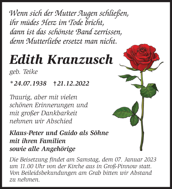 Traueranzeige von Edith Kranzusch von Märkische Oderzeitung