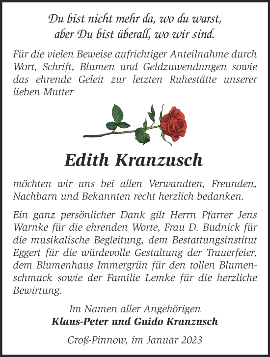 Traueranzeige von Edith Kranzusch von Märkische Oderzeitung