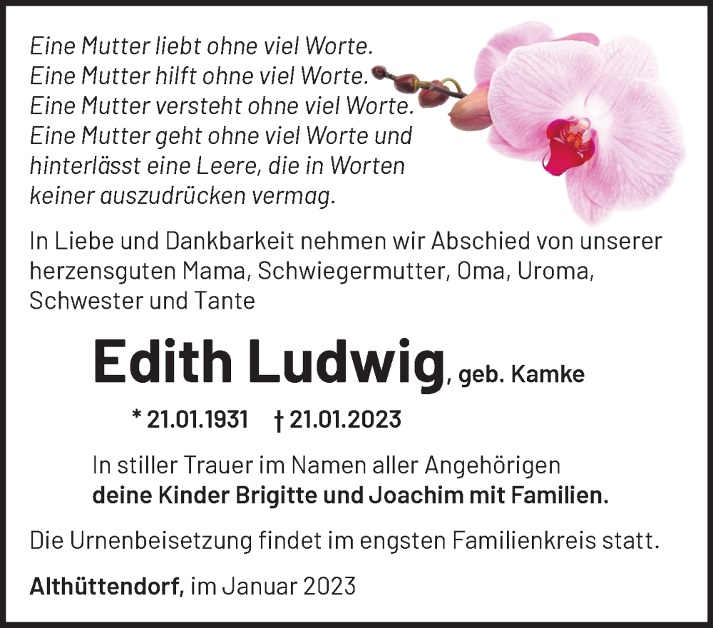  Traueranzeige für Edith Ludwig vom 27.01.2023 aus Märkische Oderzeitung