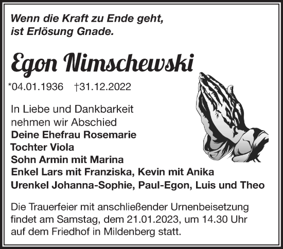 Traueranzeige von Egon Nimschweski von Märkische Oderzeitung