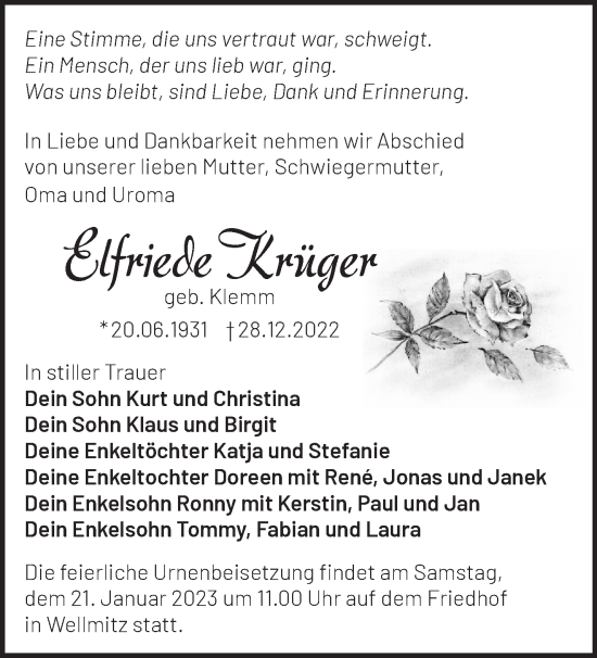 Traueranzeige von Elfriede Krüger von Märkische Oderzeitung