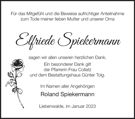 Traueranzeige von Elfriede Spiekermann von Märkische Oderzeitung