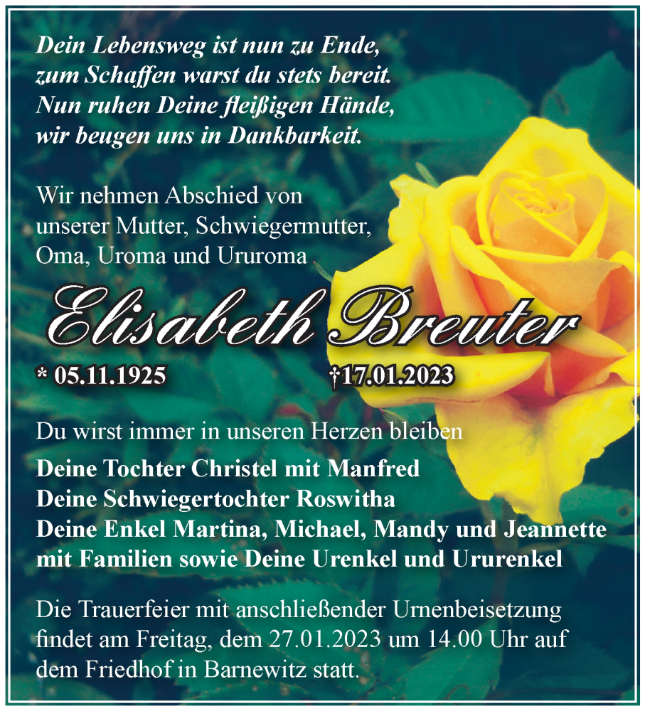  Traueranzeige für Elisabeth Breuter vom 22.01.2023 aus Märkische Oderzeitung