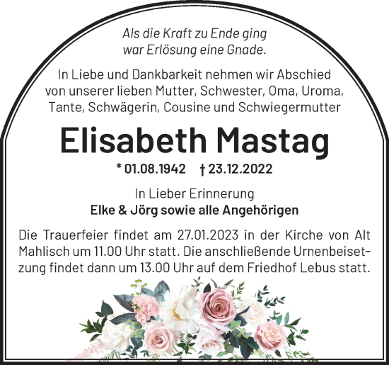 Traueranzeige von Elisabeth Mastag von Märkische Oderzeitung