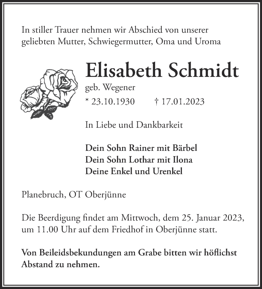  Traueranzeige für Elisabeth Schmidt vom 22.01.2023 aus Märkische Oderzeitung