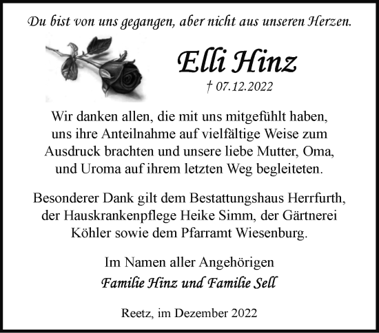 Traueranzeige von Elli Hinz von Märkische Oderzeitung