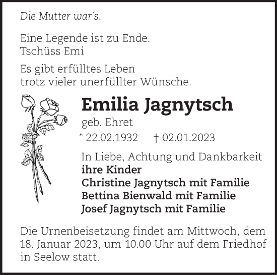 Traueranzeige von Emilia Jagnytsch von Märkische Oderzeitung