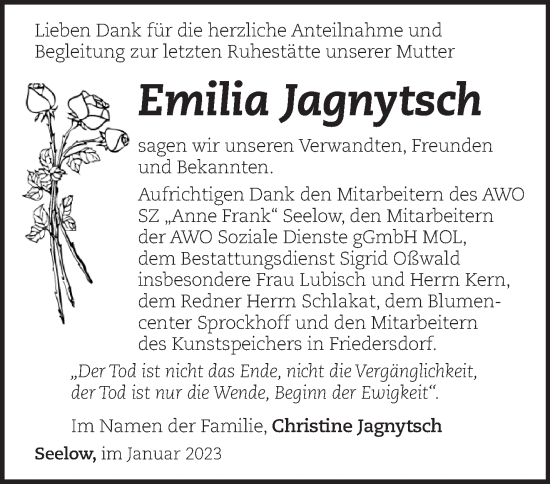 Traueranzeige von Emilia Jagnytsch von Märkische Oderzeitung