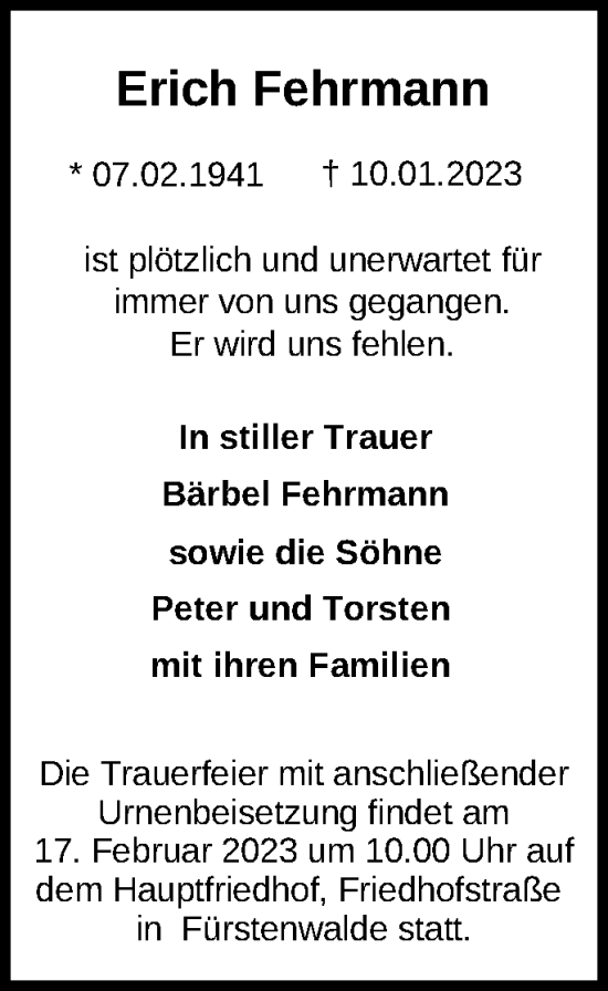 Traueranzeigen von Erich Fehrmann | Märkische Onlinezeitung Trauerportal