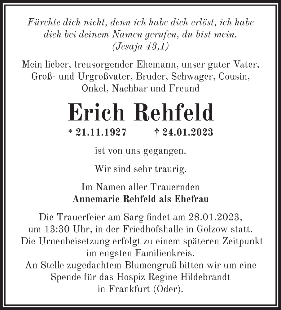  Traueranzeige für Erich Rehfeld vom 27.01.2023 aus Märkische Oderzeitung