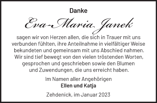 Traueranzeige von Eva-Maria Janek von Märkische Oderzeitung