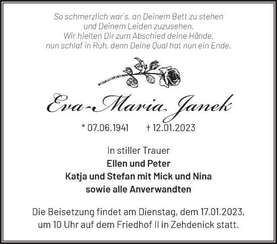 Traueranzeige von Eva-Maria Janek von Märkische Oderzeitung