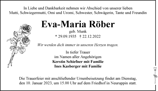 Traueranzeige von Eva-Maria Röber von Märkische Oderzeitung