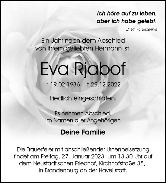 Traueranzeige von Eva Rjabof von Märkische Oderzeitung