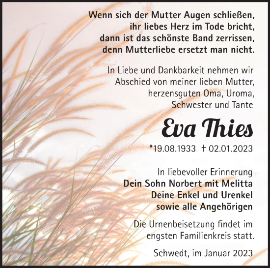 Traueranzeige von Eva Thies von Märkische Oderzeitung