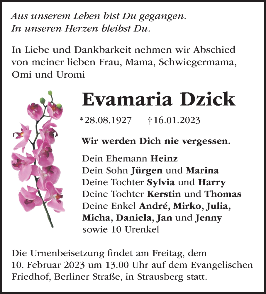  Traueranzeige für Evamaria Dzick vom 21.01.2023 aus Märkische Oderzeitung