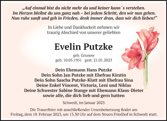 Traueranzeige von Evelin Putzke von Märkische Oderzeitung