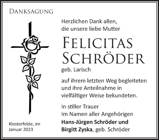 Traueranzeige von Felicitas Schröder von Märkische Oderzeitung