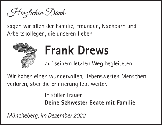 Traueranzeige von Frank Drews von Märkische Oderzeitung