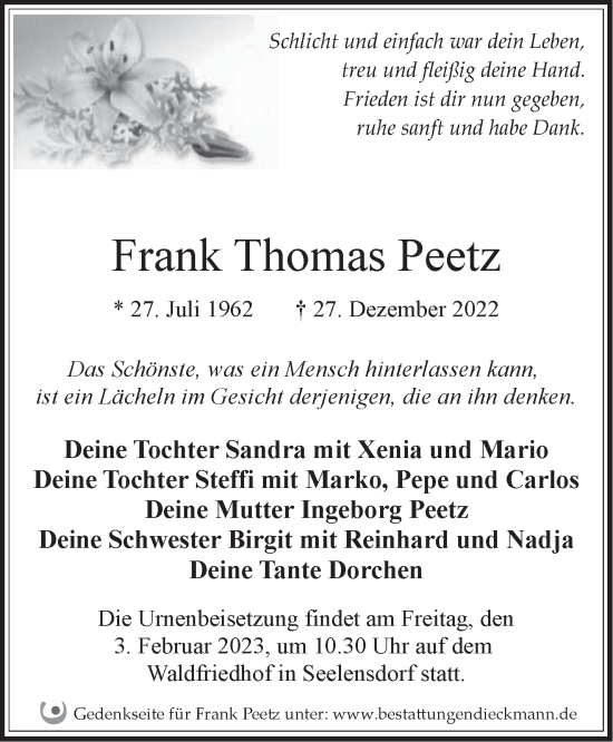 Traueranzeige von Frank Thomas Peetz von Märkische Oderzeitung