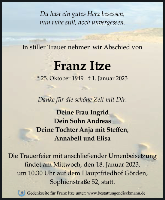 Traueranzeige von Franz Itze von Märkische Oderzeitung