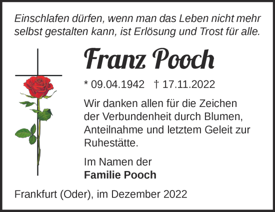 Traueranzeige von Franz Pooch von Märkische Oderzeitung