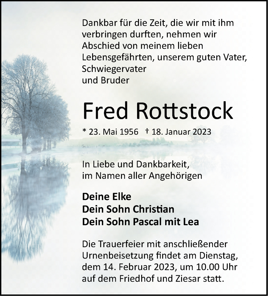  Traueranzeige für Fred Rottstock vom 29.01.2023 aus Märkische Oderzeitung