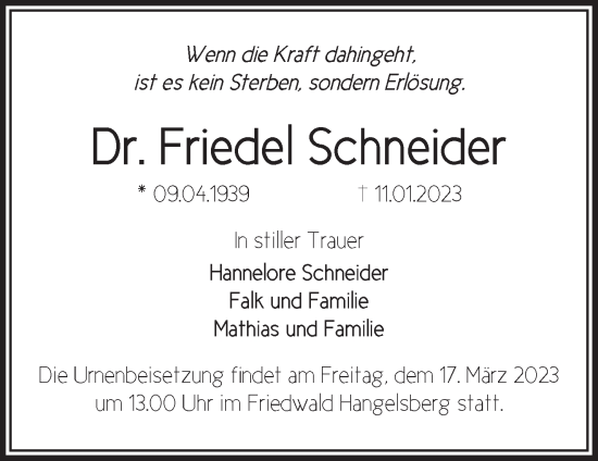 Traueranzeige von Friedel Schneider von Märkische Oderzeitung