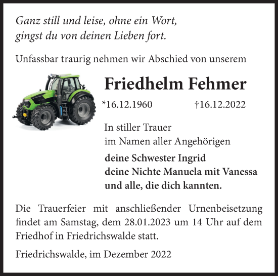 Traueranzeige von Friedhelm Fehmer von Märkische Oderzeitung