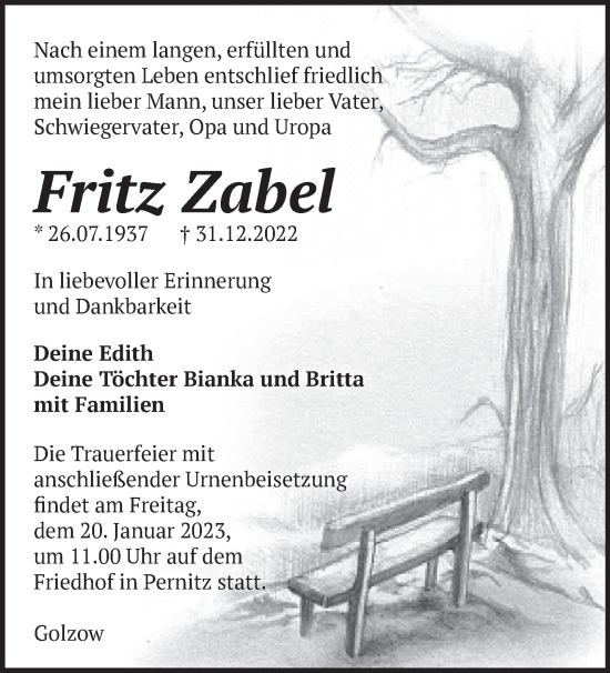 Traueranzeige von Fritz Zabel von Märkische Oderzeitung