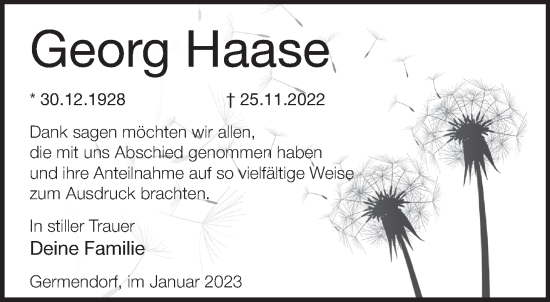 Traueranzeige von Georg Haase von Märkische Oderzeitung