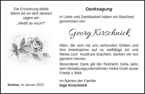 Traueranzeige von Georg Kirschnick von Märkische Oderzeitung