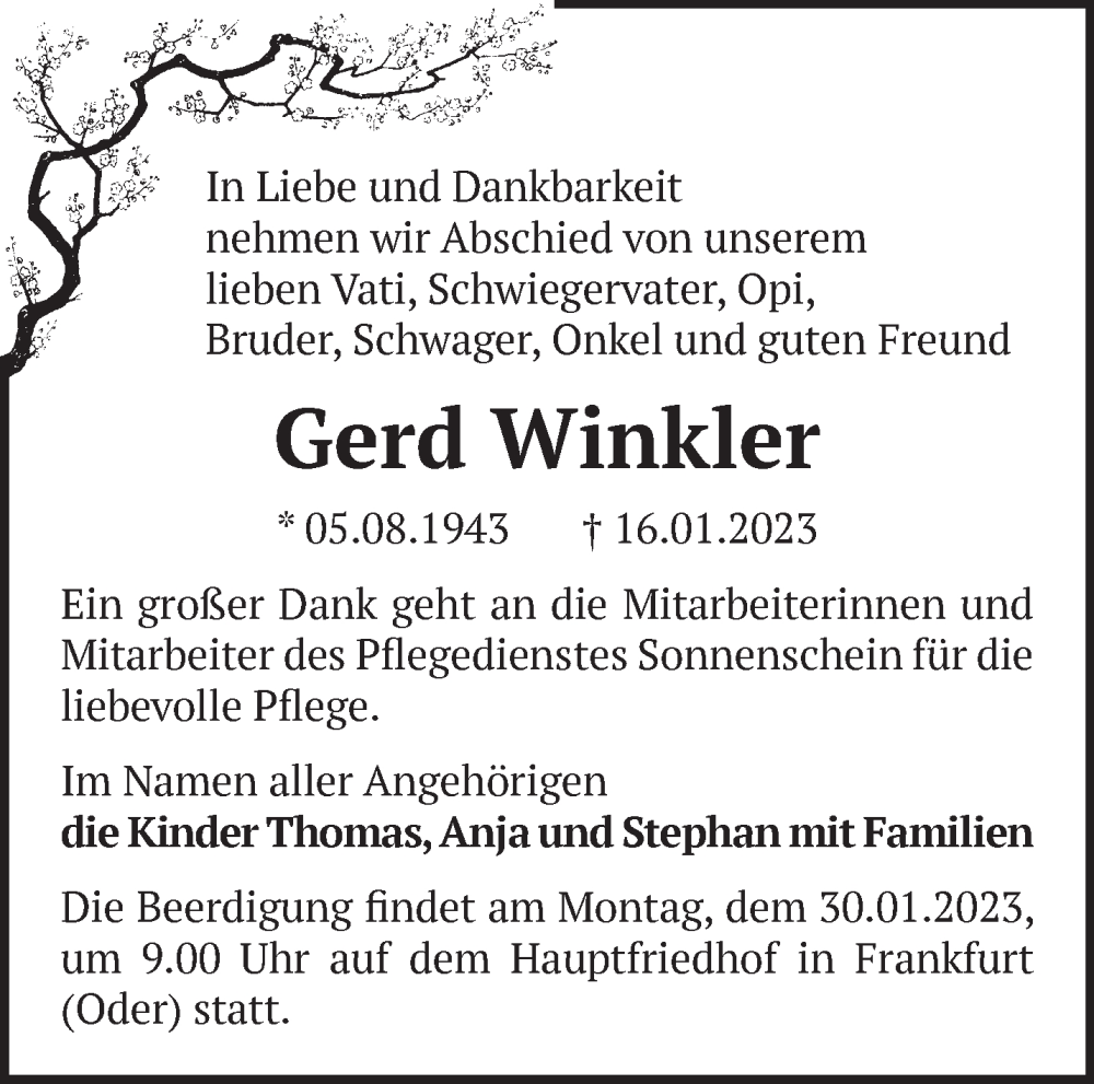  Traueranzeige für Gerd Winkler vom 21.01.2023 aus Märkische Oderzeitung