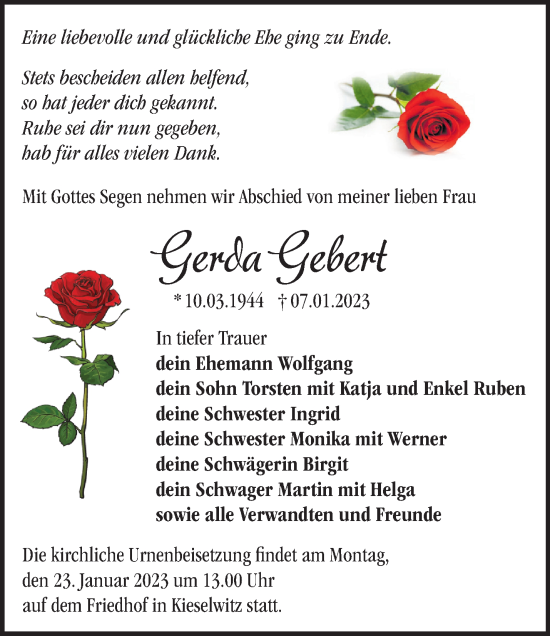 Traueranzeige von Gerda Gebert von Märkische Oderzeitung