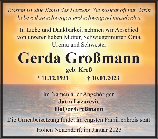 Traueranzeige von Gerda Großmann von Märkische Oderzeitung