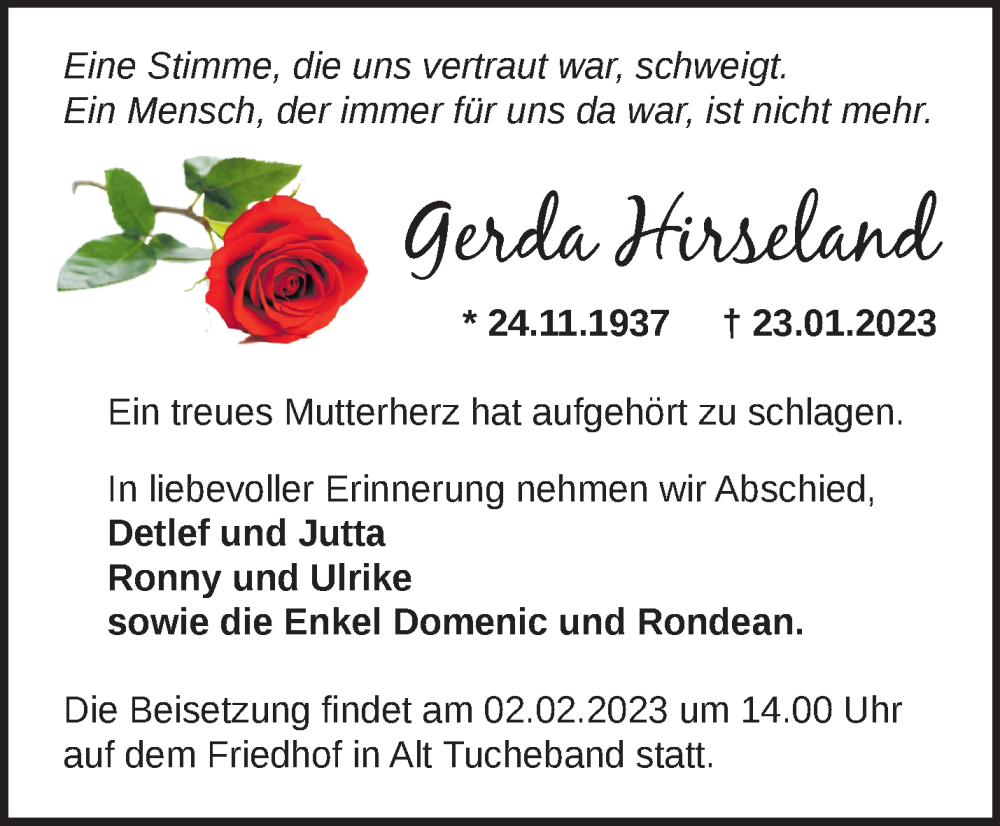  Traueranzeige für Gerda Hirseland vom 29.01.2023 aus Märkische Oderzeitung