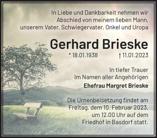 Traueranzeige von Gerhard Brieske von Märkische Oderzeitung