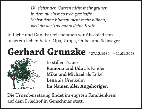 Traueranzeige von Gerhard Grunzke von Märkische Oderzeitung