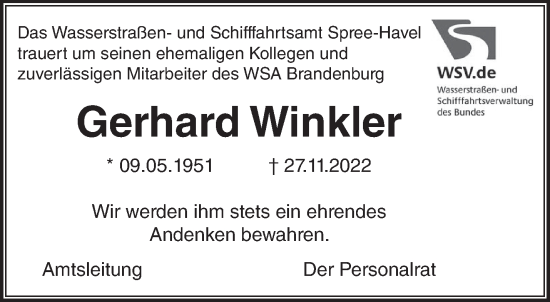 Traueranzeige von Gerhard Winkler von Märkische Oderzeitung