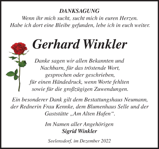 Traueranzeige von Gerhard Winkler von Märkische Oderzeitung