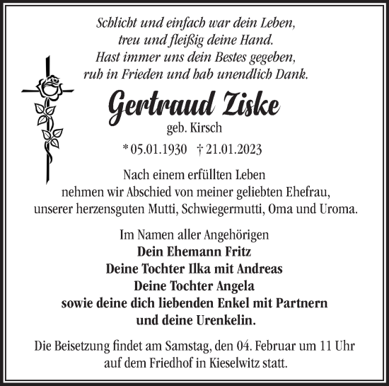 Traueranzeige von Gertraud Ziske von Märkische Oderzeitung