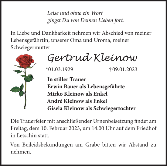 Traueranzeige von Gertrud Kleinow von Märkische Oderzeitung