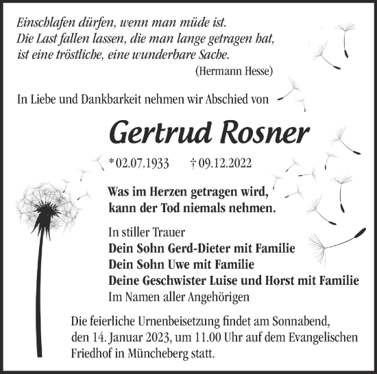 Traueranzeige von Gertrud Rosner von Märkische Oderzeitung