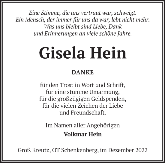 Traueranzeige von Gisela Hein von Märkische Oderzeitung