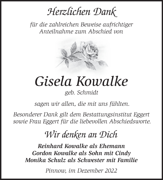 Traueranzeige von Gisela Kowalke von Märkische Oderzeitung