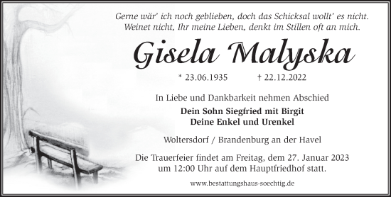 Traueranzeige von Gisela Malyska von Märkische Oderzeitung